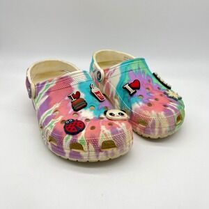 Crocs M4 W6 Classic‎ Tie Dye Clogs with Food Charms 205453